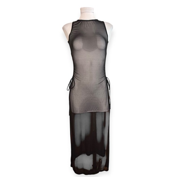 Black Mesh Maxi Dress Sleeveless Tie Sides Sheer See Through Cover Up - Picture 1 of 3
